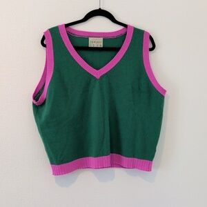 Jumper 1234 NWT 100% Cashmere Vest Forest Green w/Pink V-Neck Luxury, Size L/XL